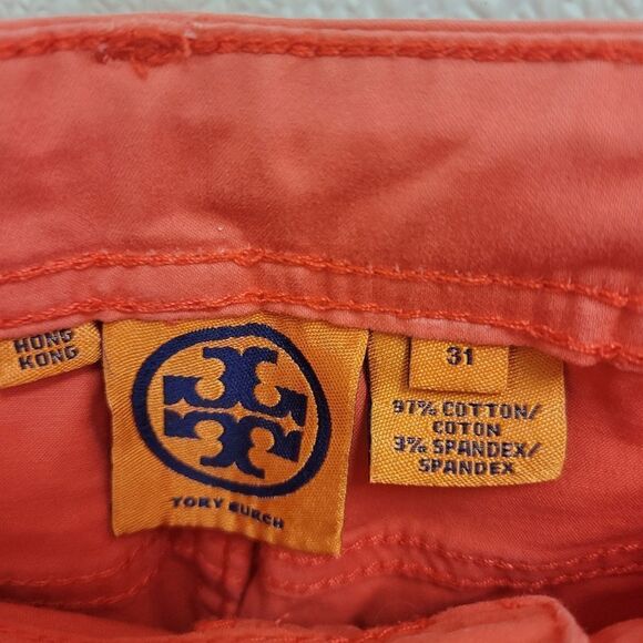 Tory Burch Large Logo Stitch Back Pocket Crop Jeans 31 Orange - Picture 5 of 8